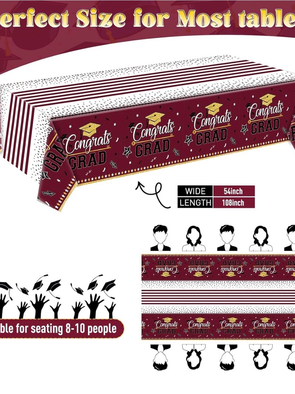 Congrats Grad Disposable Table Cover - Maroon & Gold Graduation Party Decor